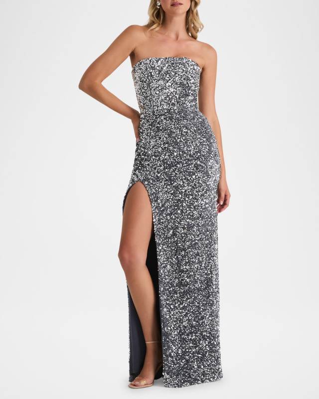 Lola Strapless Side-Slit Sequin Bustier Gown
